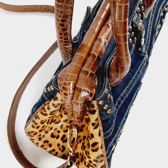 Clever Carriage Company Denim & Calf Hair Satchel Shoulder Bag Jean Bag Leopard - Picture 11 of 16